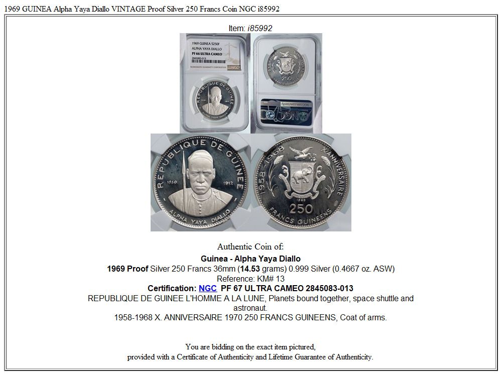 1969 GUINEA Alpha Yaya Diallo VINTAGE Proof Silver 250 Francs Coin NGC i85992
