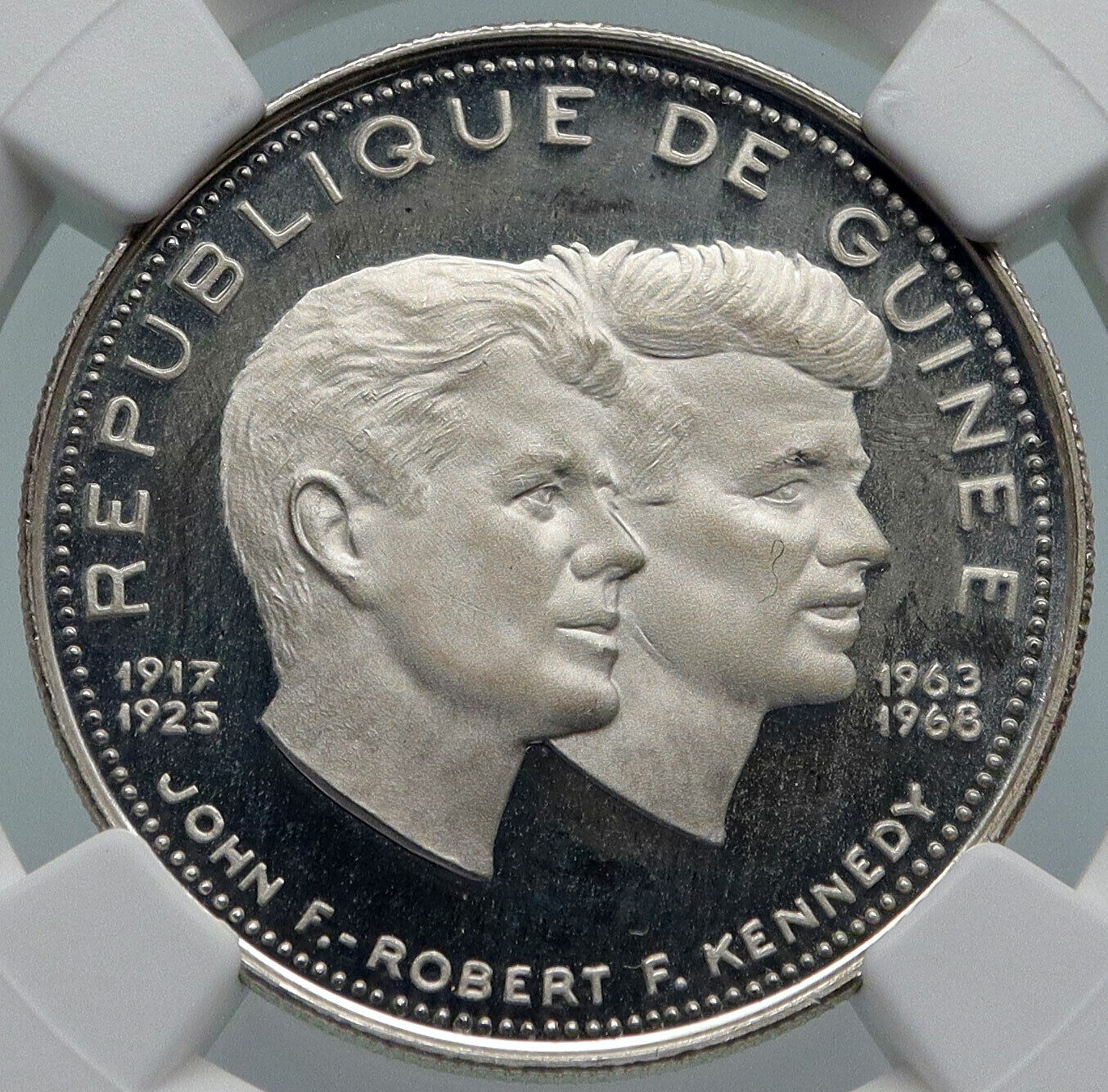 1969 GUINEA w JFK & RFK John F. Kennedy Proof Silver 200 Francs Coin NGC i85994