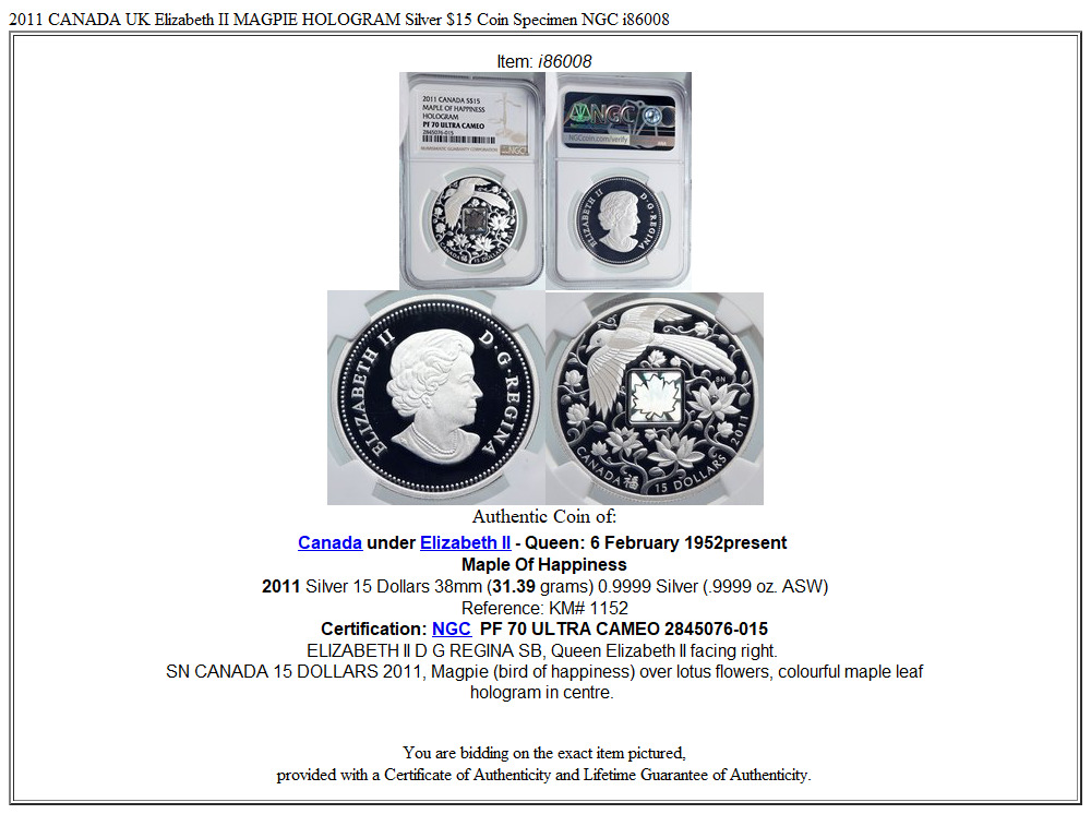 2011 CANADA UK Elizabeth II MAGPIE HOLOGRAM Silver $15 Coin Specimen NGC i86008