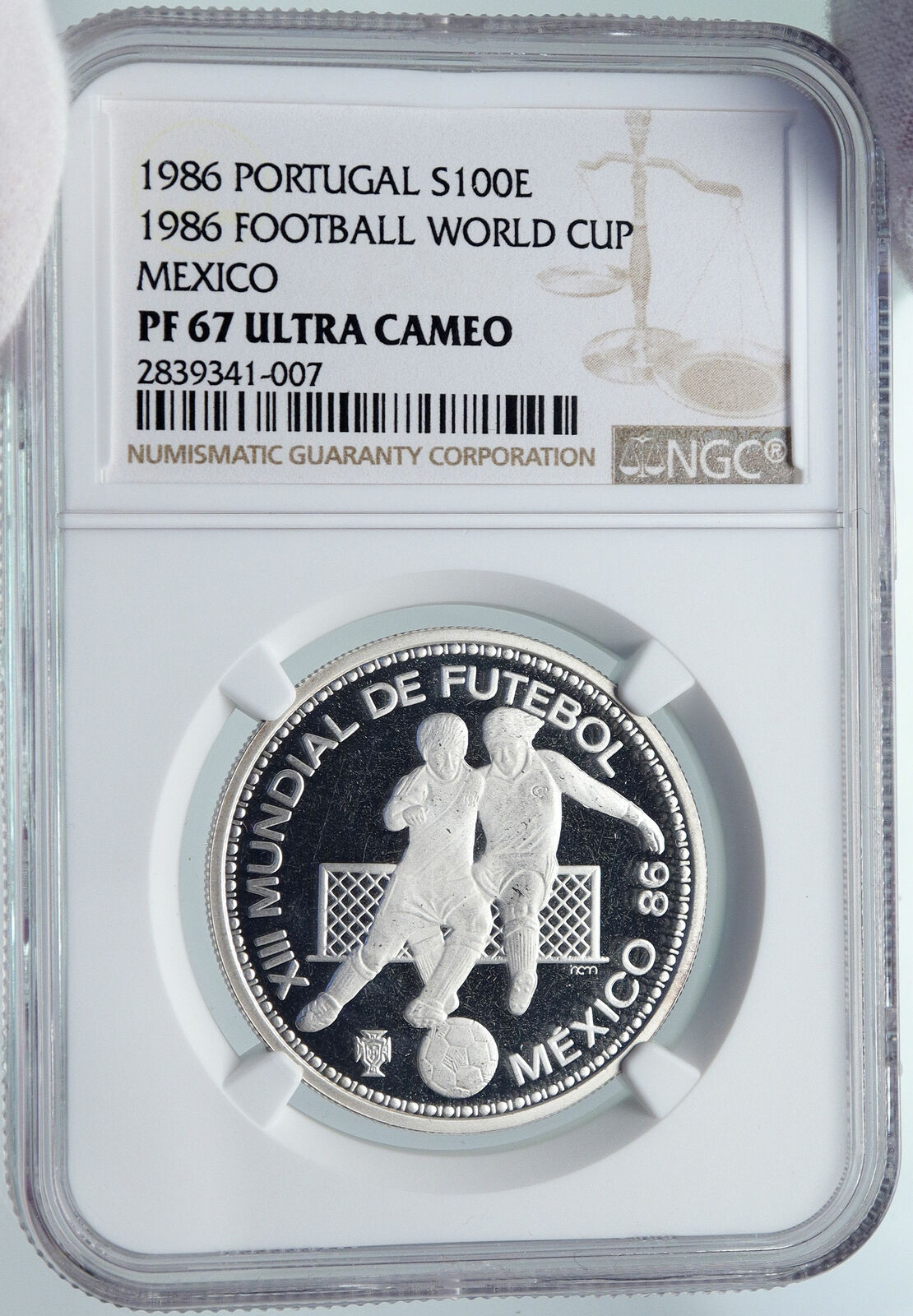 1986 PORTUGAL Mexico Soccer Football WORLD CUP Silver 100 Escud Coin NGC i86015