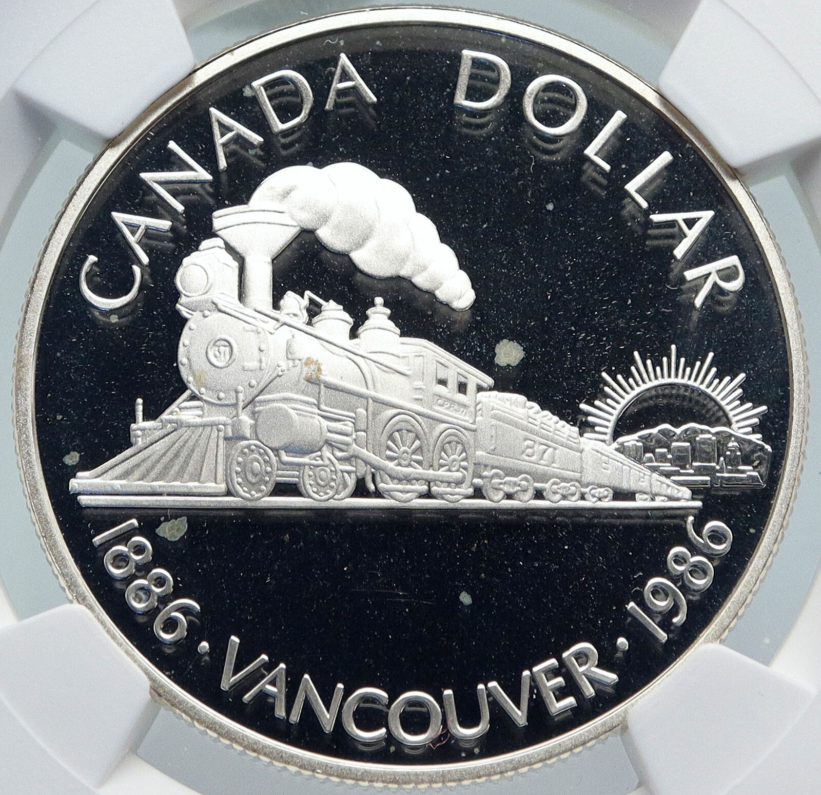 1986 CANADA Vancouver UK Queen Elizabeth II Train Proof Silver Coin NGC i86014