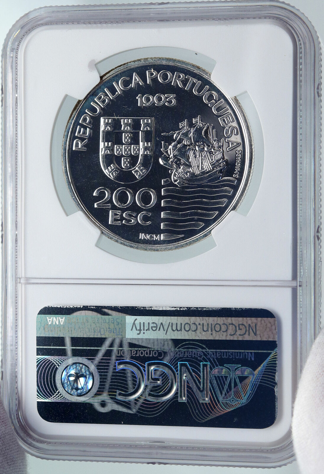 1993 PORTUGAL Japanese SAILING SHIP Kiushu Proof Silver 200 Esc Coin NGC i86019