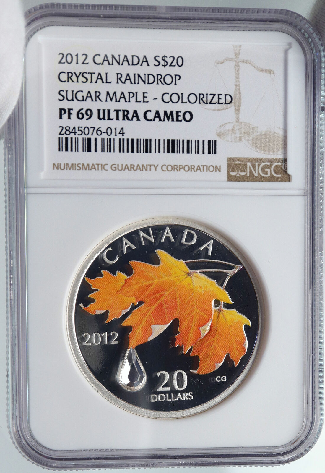 2012 CANADA Queen Elizabeth II Leaf SWAROVSKI Raindrop Silver 20 Coin NGC i86007