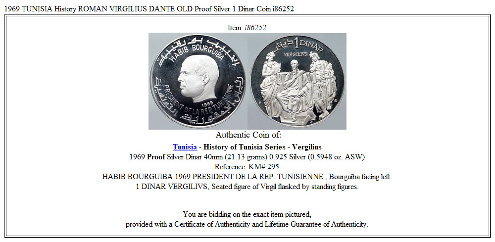 1969 TUNISIA History ROMAN VIRGILIUS DANTE OLD Proof Silver 1 Dinar Coin i86252