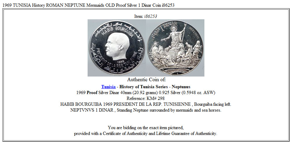 1969 TUNISIA History ROMAN NEPTUNE Mermaids OLD Proof Silver 1 Dinar Coin i86253