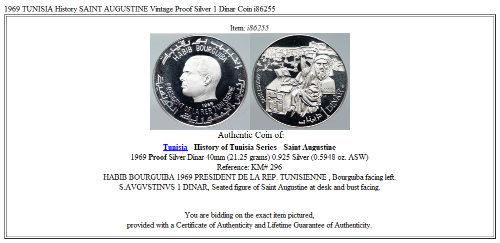 1969 TUNISIA History SAINT AUGUSTINE Vintage Proof Silver 1 Dinar Coin i86255