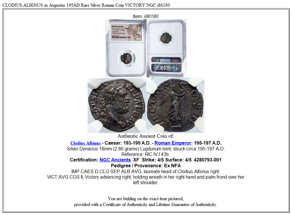 CLODIUS ALBINUS as Augustus 195AD Rare Silver Roman Coin VICTORY NGC i86180