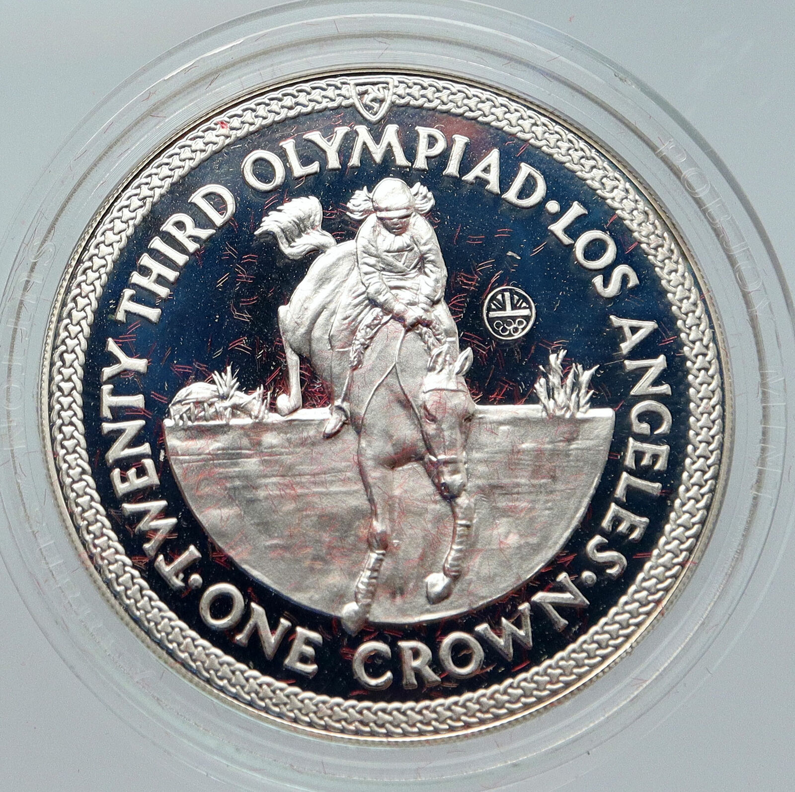 1977 ISLE of MAN Queen Elizabeth II Los Angeles Olympic Silver Crown Coin i86263