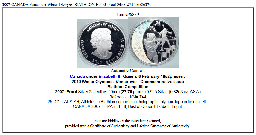 2007 CANADA Vancouver Winter Olympics BIATHLON HoloG Proof Silver 25 Coin i86270