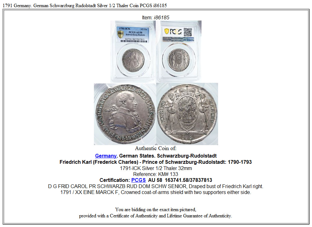 1791 Germany. German Schwarzburg Rudolstadt Silver 1/2 Thaler Coin PCGS i86185