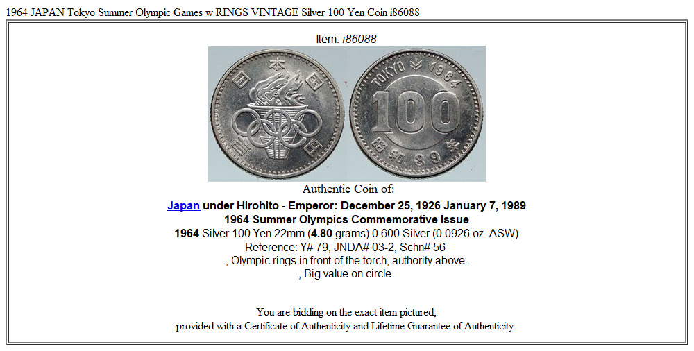 1964 JAPAN Tokyo Summer Olympic Games w RINGS VINTAGE Silver 100 Yen Coin i86088