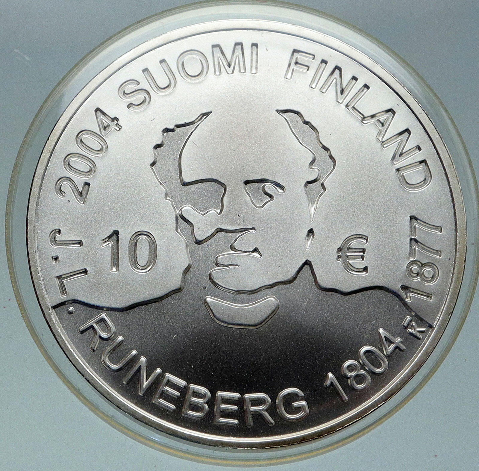 2004 FINLAND Poet ANTHEM Johan Ludvig Runeberg Silver 10Euro Finnish Coin i86283
