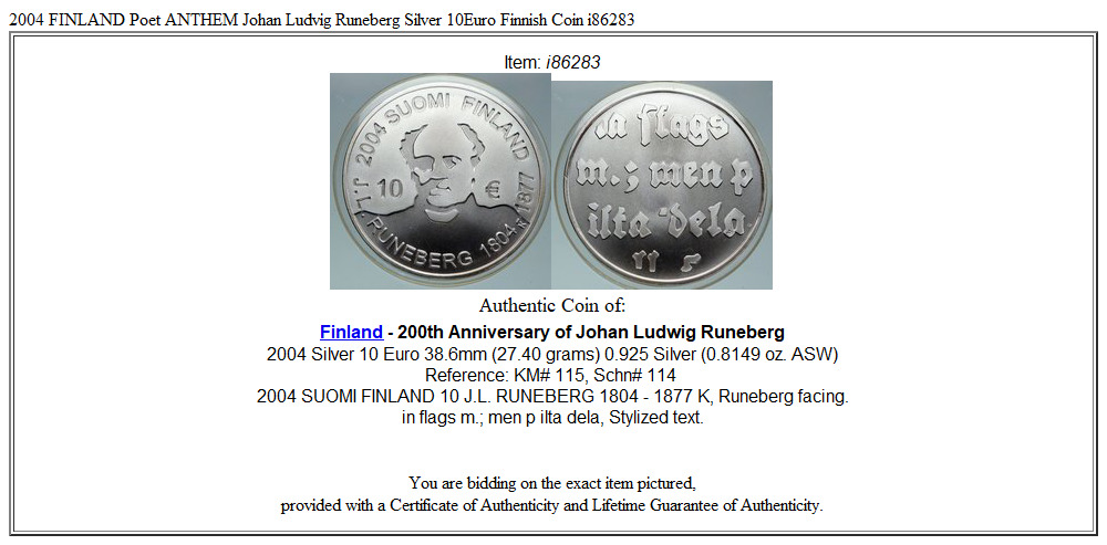 2004 FINLAND Poet ANTHEM Johan Ludvig Runeberg Silver 10Euro Finnish Coin i86283