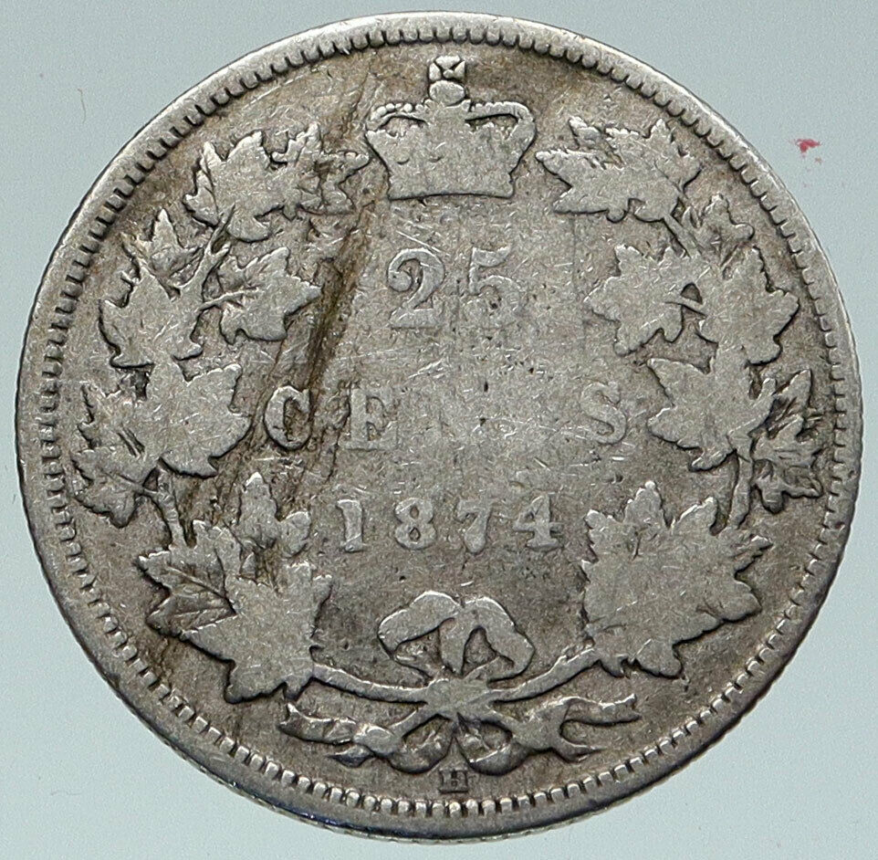 1874 CANADA UK Queen VICTORIA Authentic Antique OLD Silver 25 Cents Coin i86096