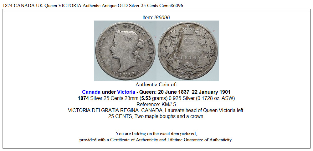 1874 CANADA UK Queen VICTORIA Authentic Antique OLD Silver 25 Cents Coin i86096