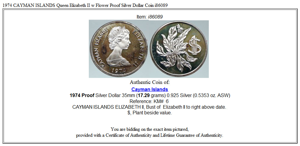 1974 CAYMAN ISLANDS Queen Elizabeth II w Flower Proof Silver Dollar Coin i86089