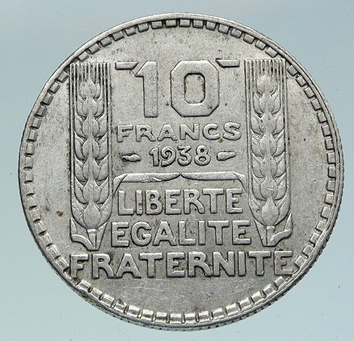 1938 FRANCE w Marianne FRENCH MOTTO Antique Genuine Silver 10 Francs Coin i86363