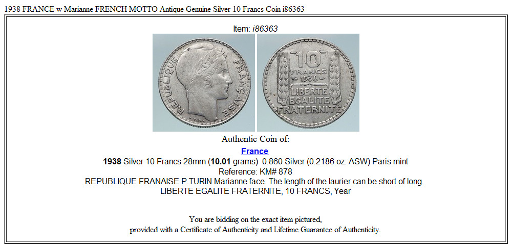 1938 FRANCE w Marianne FRENCH MOTTO Antique Genuine Silver 10 Francs Coin i86363