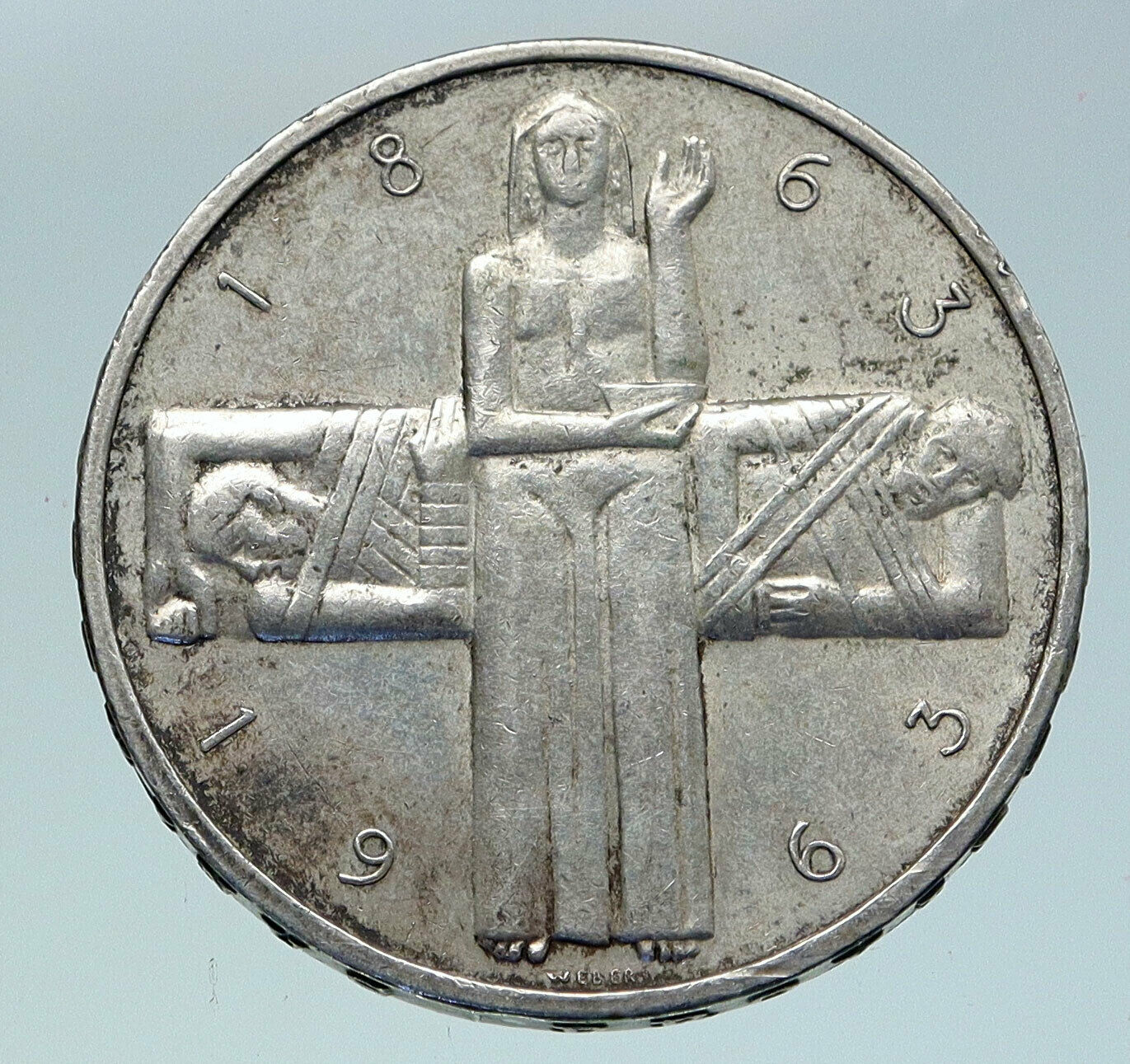 1963 B Switzerland RED CROSS Nurse & Patient 5 Francs Silver Swiss Coin i86362