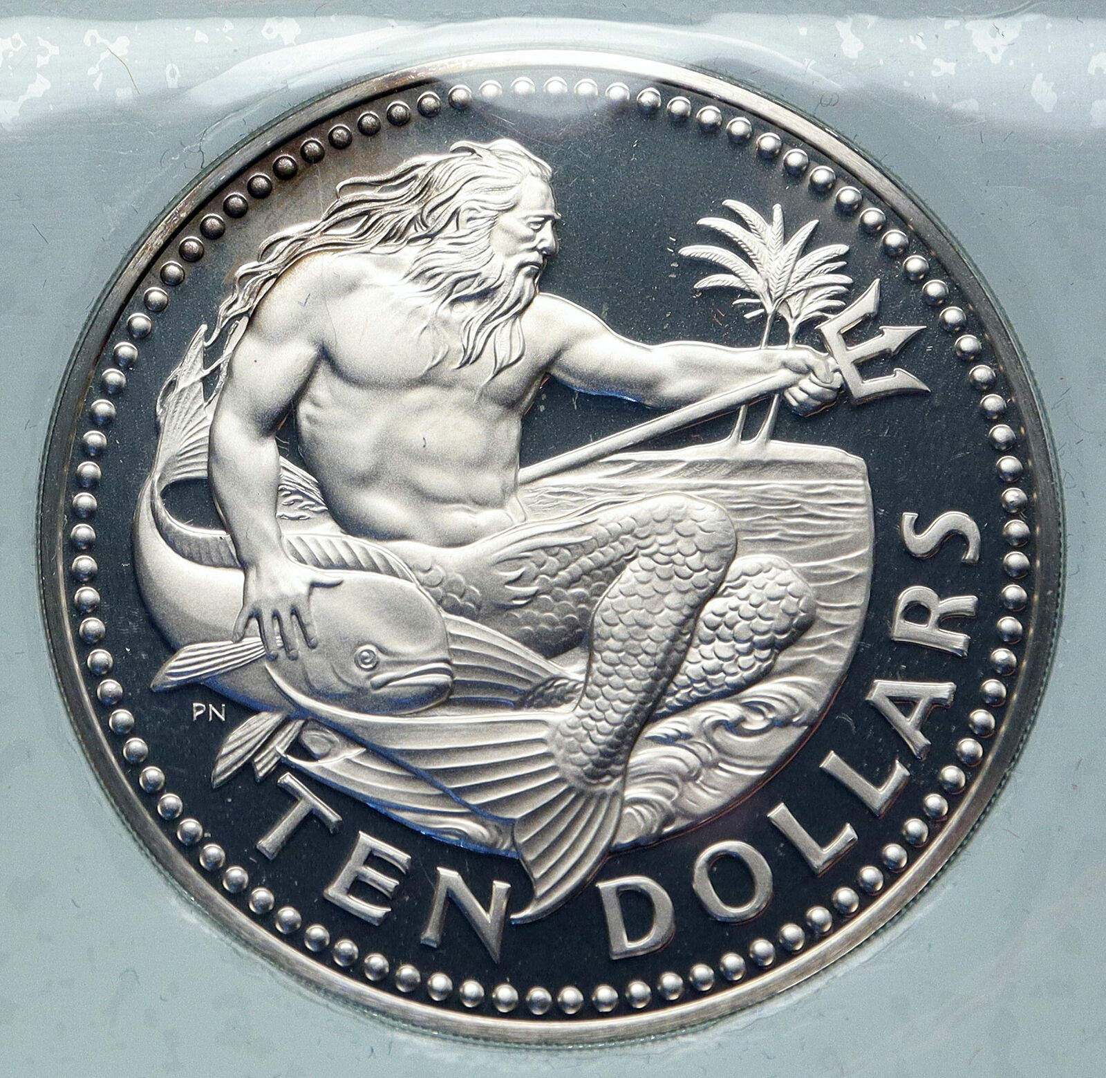 1973 BARBADOS Huge 4.2cm VINTAGE NEPTUNE Old Proof Silver 10 Dollars Coin i86372