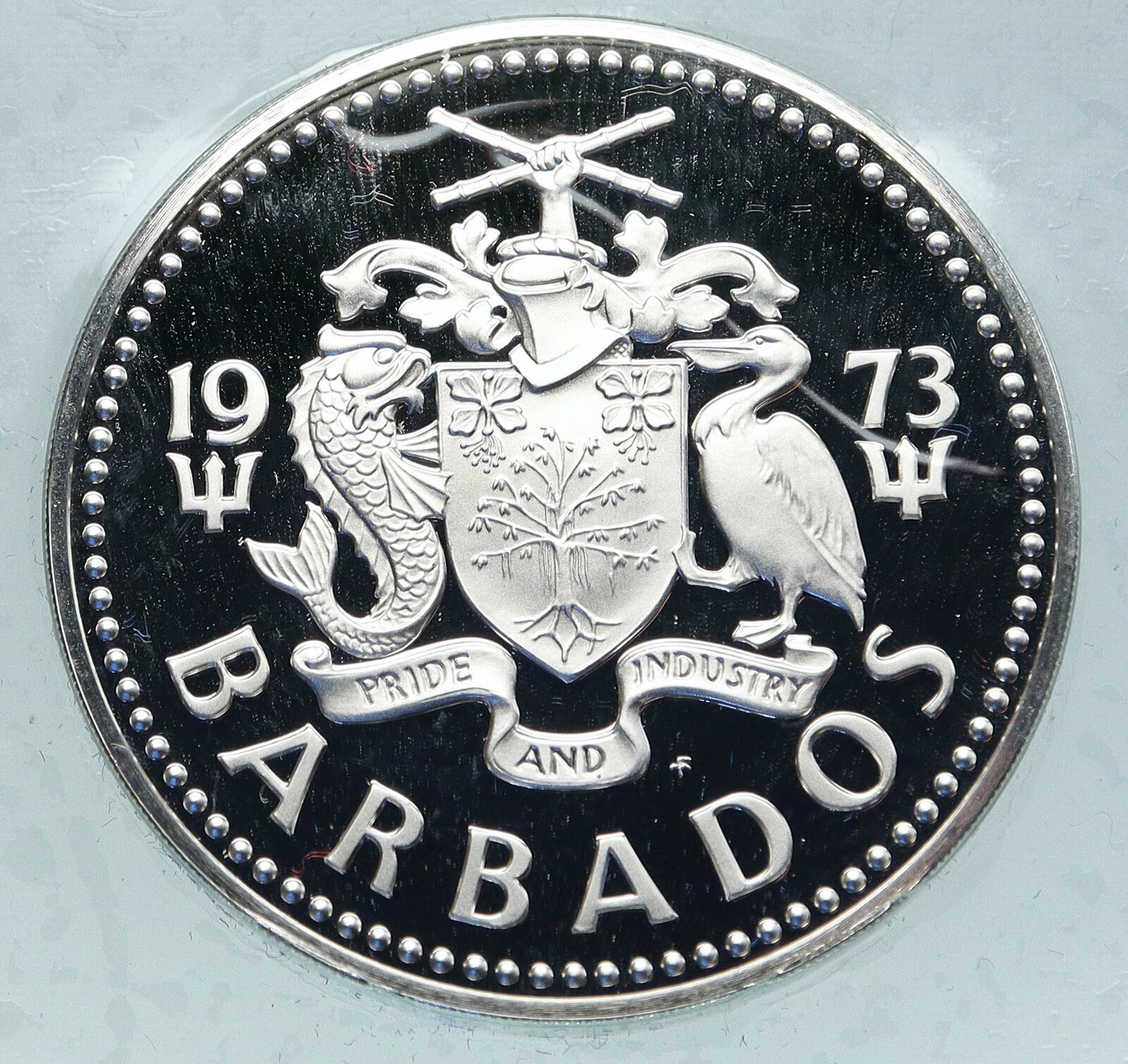 1973 BARBADOS Huge 4.2cm VINTAGE NEPTUNE Old Proof Silver 10 Dollars Coin i86372