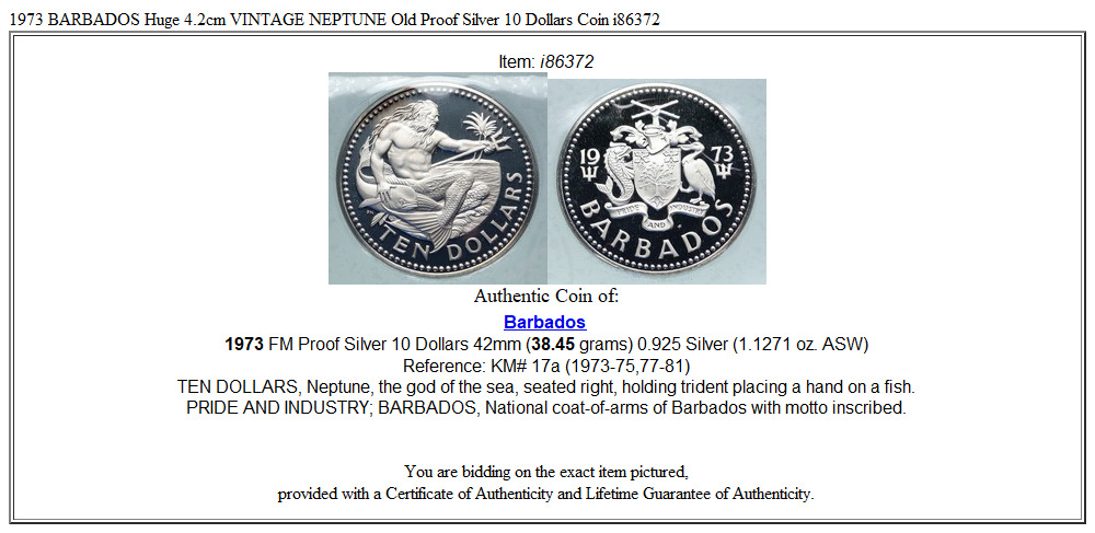 1973 BARBADOS Huge 4.2cm VINTAGE NEPTUNE Old Proof Silver 10 Dollars Coin i86372