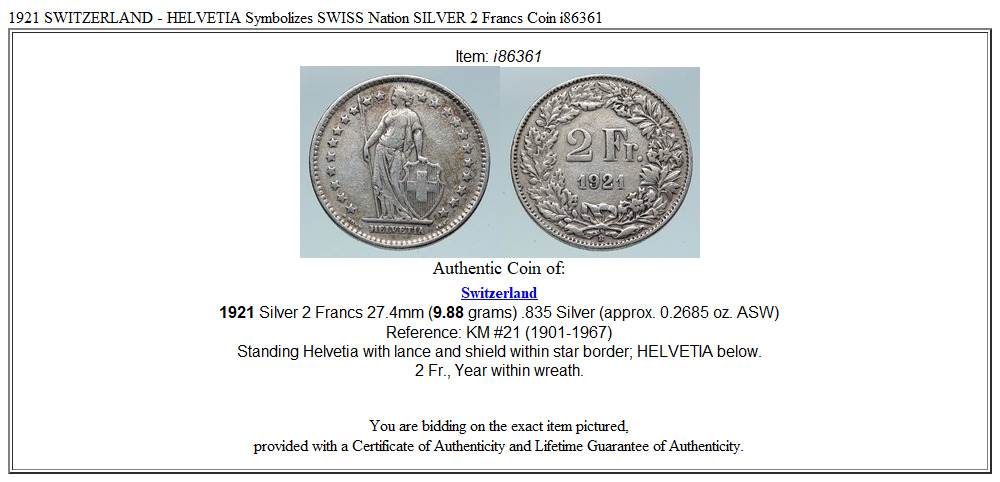 1921 SWITZERLAND - HELVETIA Symbolizes SWISS Nation SILVER 2 Francs Coin i86361