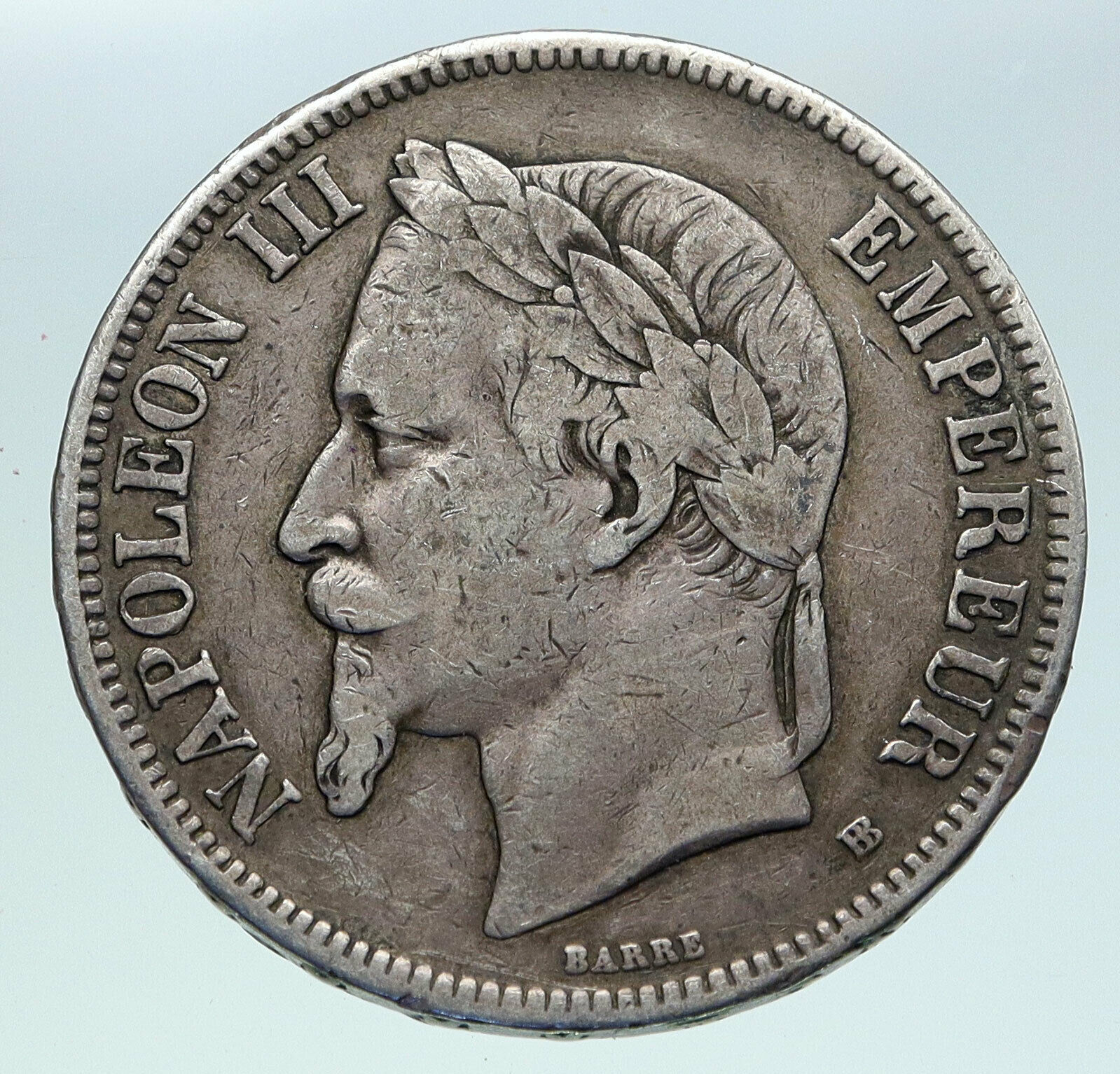 1870B FRANCE Emperor NAPOLEON III Antique Arms Silver 5 Franc French Coin i86352