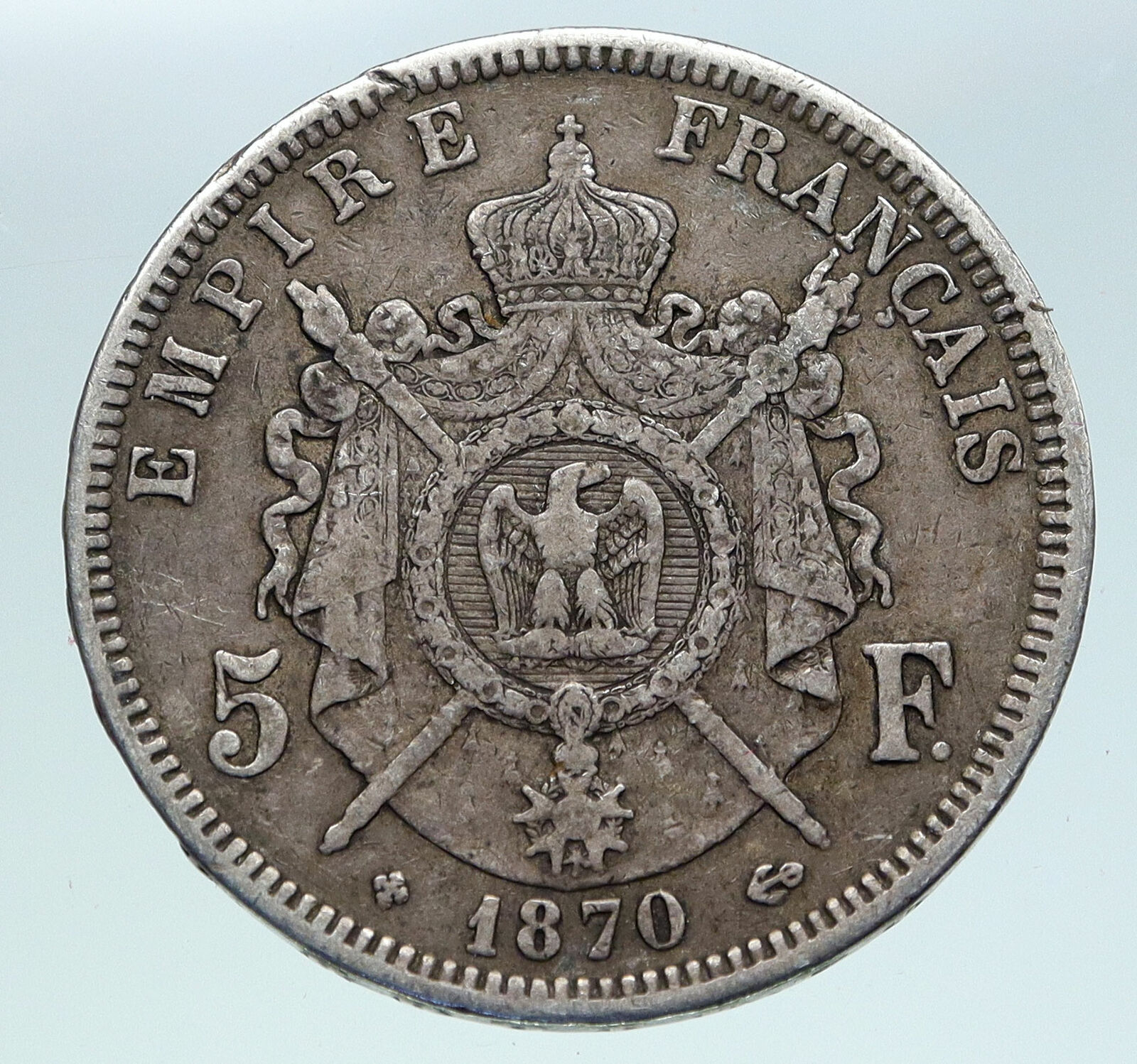 1870B FRANCE Emperor NAPOLEON III Antique Arms Silver 5 Franc French Coin i86352