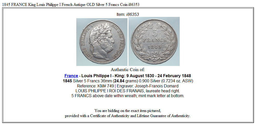 1845 FRANCE King Louis Philippe I French Antique OLD Silver 5 Francs Coin i86353