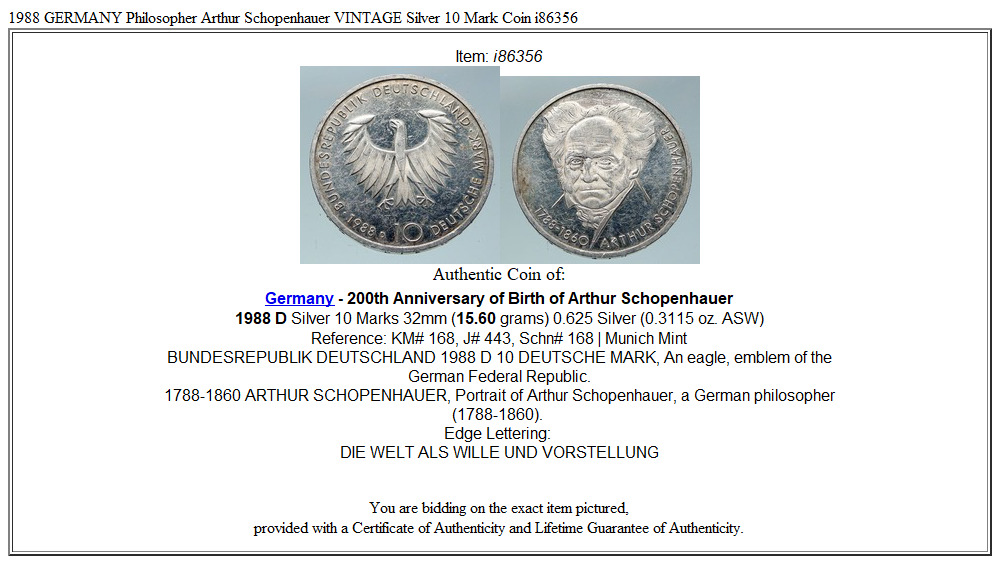 1988 GERMANY Philosopher Arthur Schopenhauer VINTAGE Silver 10 Mark Coin i86356