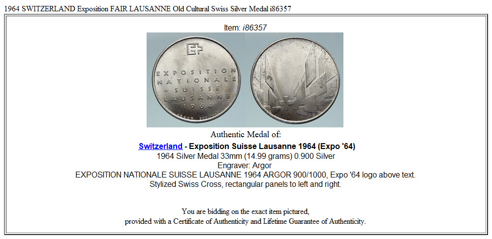 1964 SWITZERLAND Exposition FAIR LAUSANNE Old Cultural Swiss Silver Medal i86357