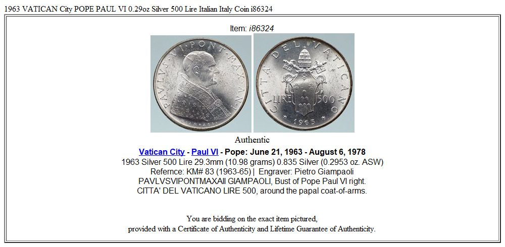 1963 VATICAN City POPE PAUL VI 0.29oz Silver 500 Lire Italian Italy Coin i86324