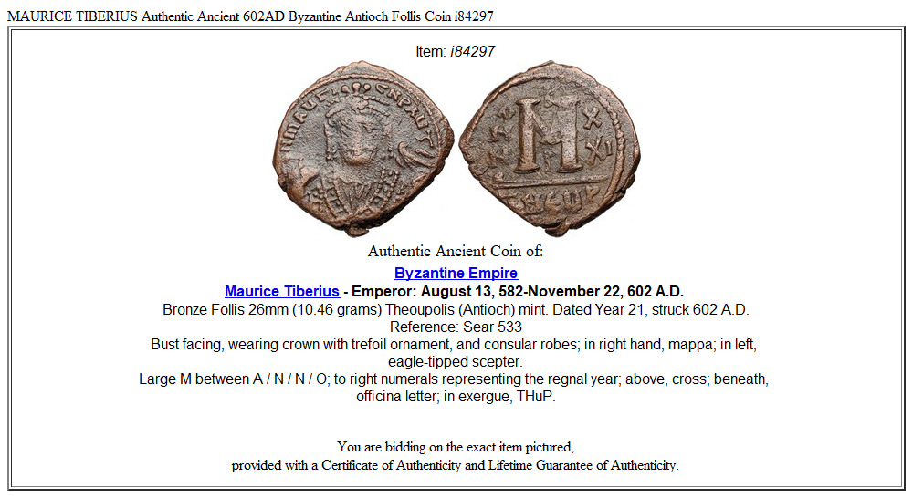 MAURICE TIBERIUS Authentic Ancient 602AD Byzantine Antioch Follis Coin i84297