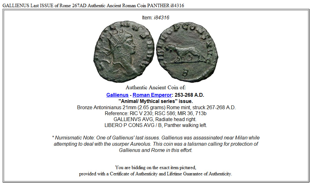 GALLIENUS Last ISSUE of Rome 267AD Authentic Ancient Roman Coin PANTHER i84316