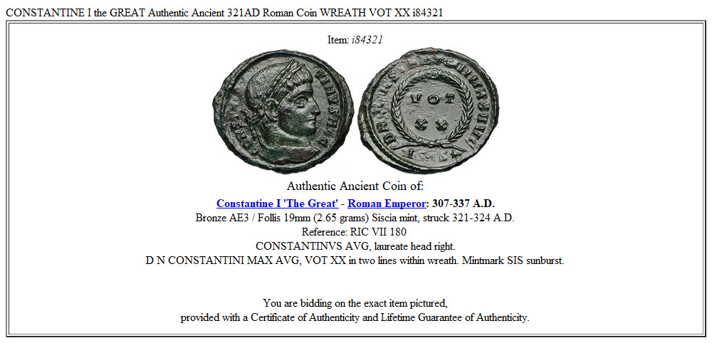 CONSTANTINE I the GREAT Authentic Ancient 321AD Roman Coin WREATH VOT XX i84321