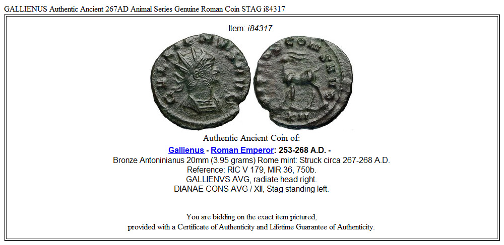 GALLIENUS Authentic Ancient 267AD Animal Series Genuine Roman Coin STAG i84317