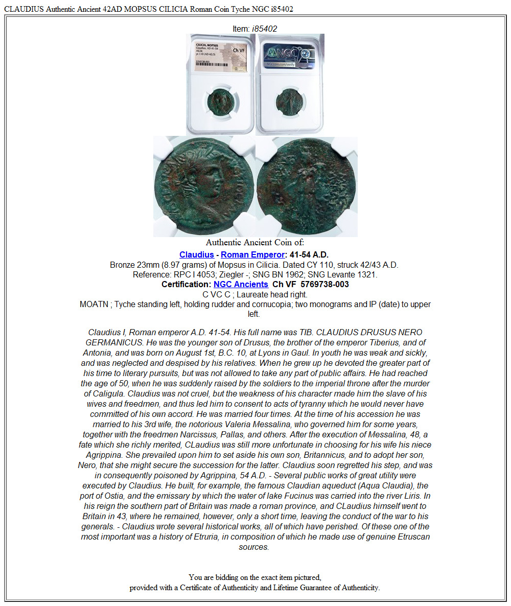 CLAUDIUS Authentic Ancient 42AD MOPSUS CILICIA Roman Coin Tyche NGC i85402