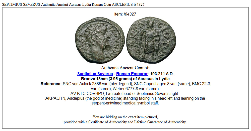 SEPTIMIUS SEVERUS Authentic Ancient Acrasus Lydia Roman Coin ASCLEPIUS i84327