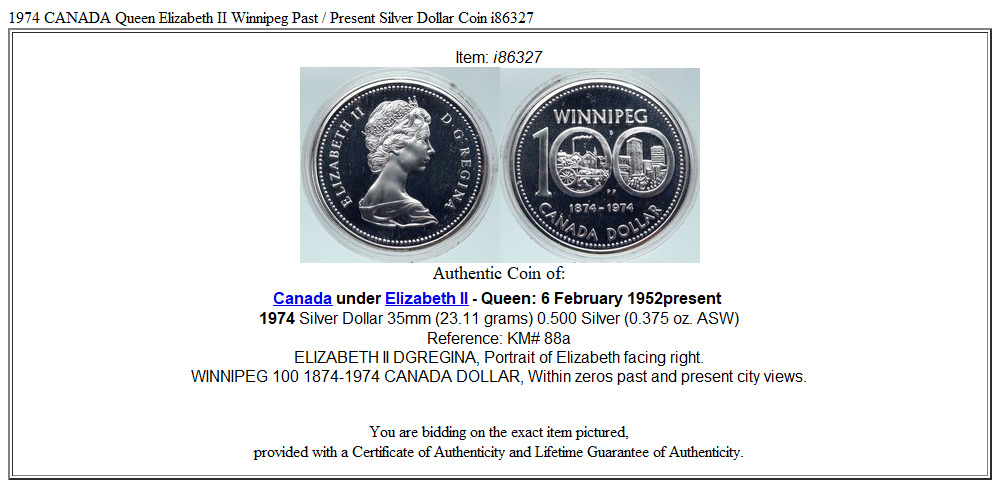 1974 CANADA Queen Elizabeth II Winnipeg Past / Present Silver Dollar Coin i86327