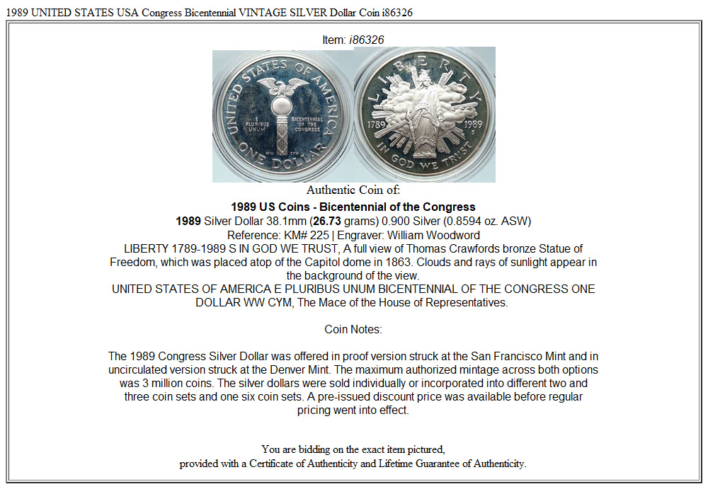 1989 UNITED STATES USA Congress Bicentennial VINTAGE SILVER Dollar Coin i86326