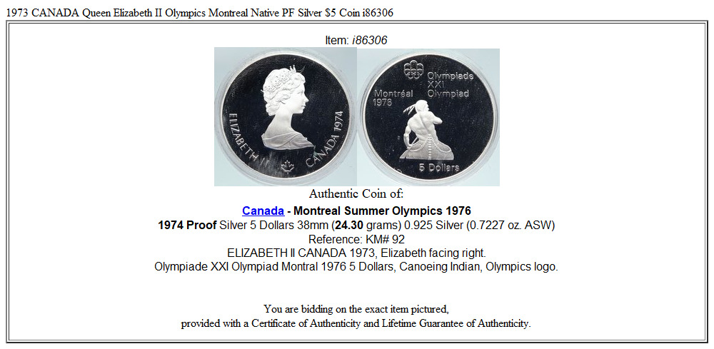 1973 CANADA Queen Elizabeth II Olympics Montreal Native PF Silver $5 Coin i86306