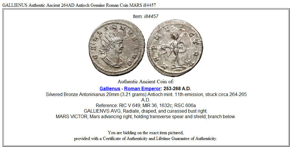 GALLIENUS Authentic Ancient 264AD Antioch Genuine Roman Coin MARS i84457