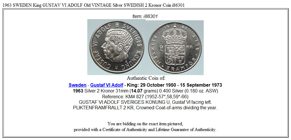 1963 SWEDEN King GUSTAV VI ADOLF Old VINTAGE Silver SWEDISH 2 Kronor Coin i86301