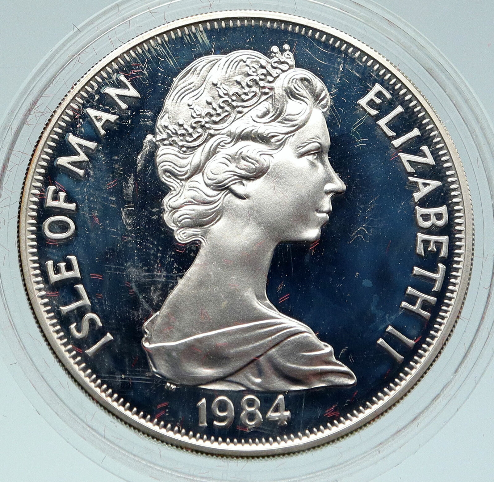 1984 ISLE of MAN Queen Elizabeth II Los Angeles Olympic Silver Crown Coin i86303