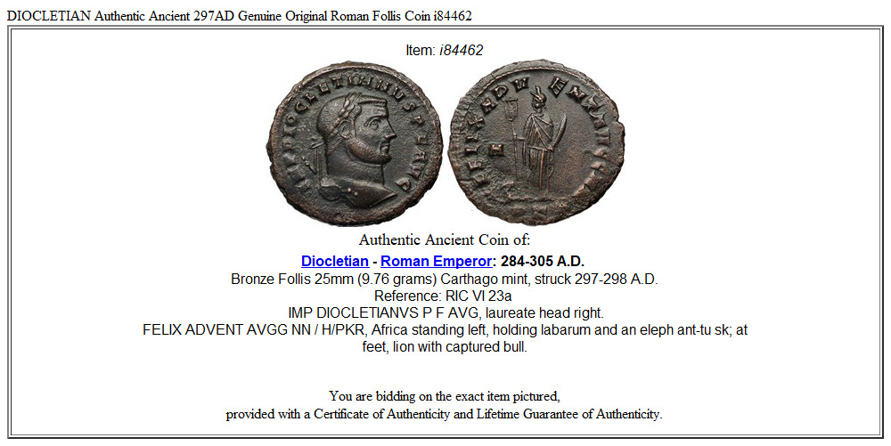 DIOCLETIAN Authentic Ancient 297AD Genuine Original Roman Follis Coin i84462