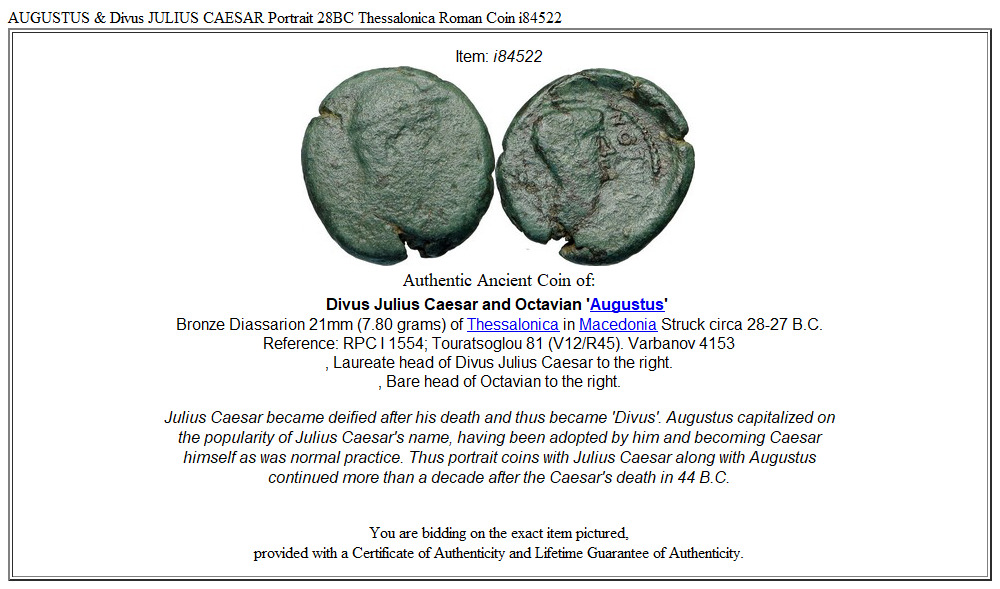 AUGUSTUS & Divus JULIUS CAESAR Portrait 28BC Thessalonica Roman Coin i84522
