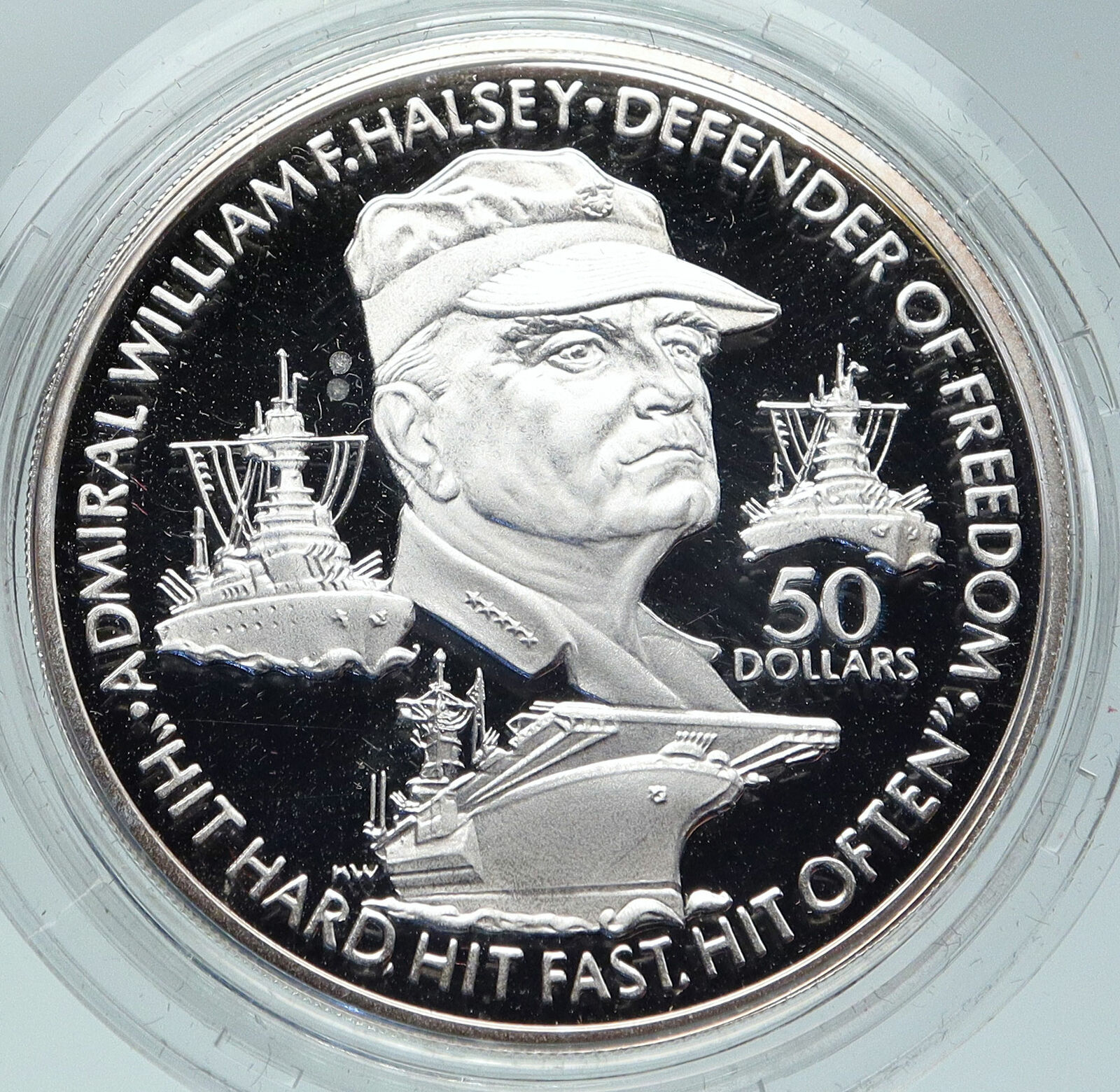 1990 NIUE Queen Elizabeth II USA ADMIRAL HALSEY Old Proof Silver $50 Coin i86311