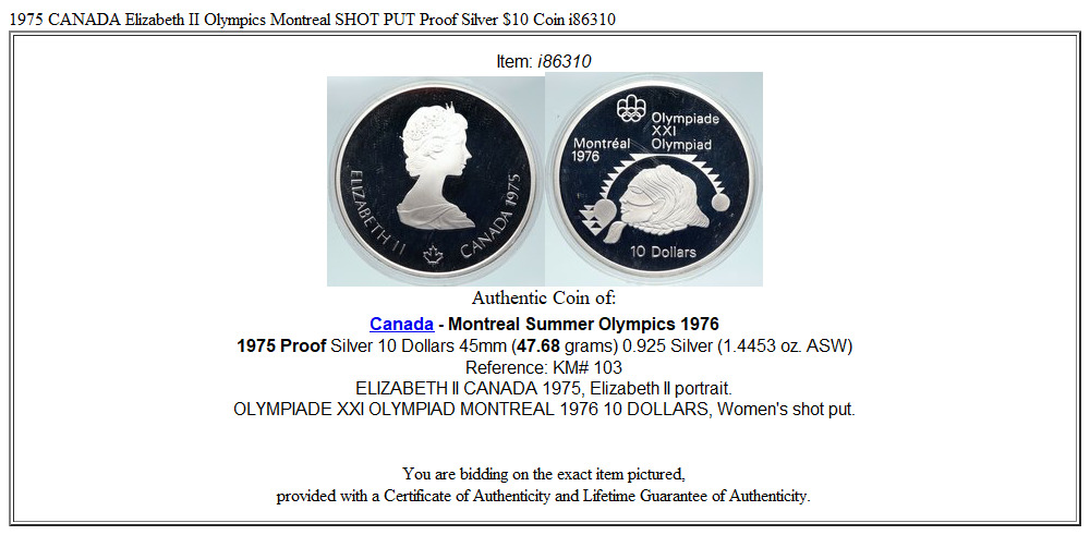 1975 CANADA Elizabeth II Olympics Montreal SHOT PUT Proof Silver $10 Coin i86310