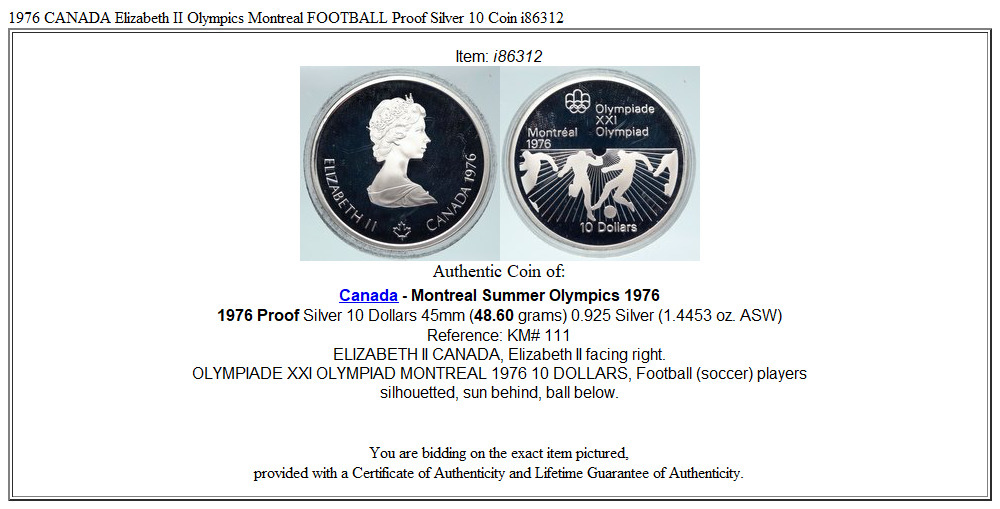 1976 CANADA Elizabeth II Olympics Montreal FOOTBALL Proof Silver 10 Coin i86312